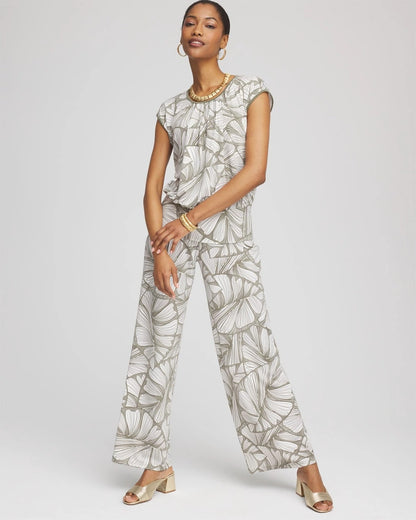 Chico's Women | Travelers™ Abstract Leaf Print Knit Wide-Leg Pants DUSTY OLIVE
