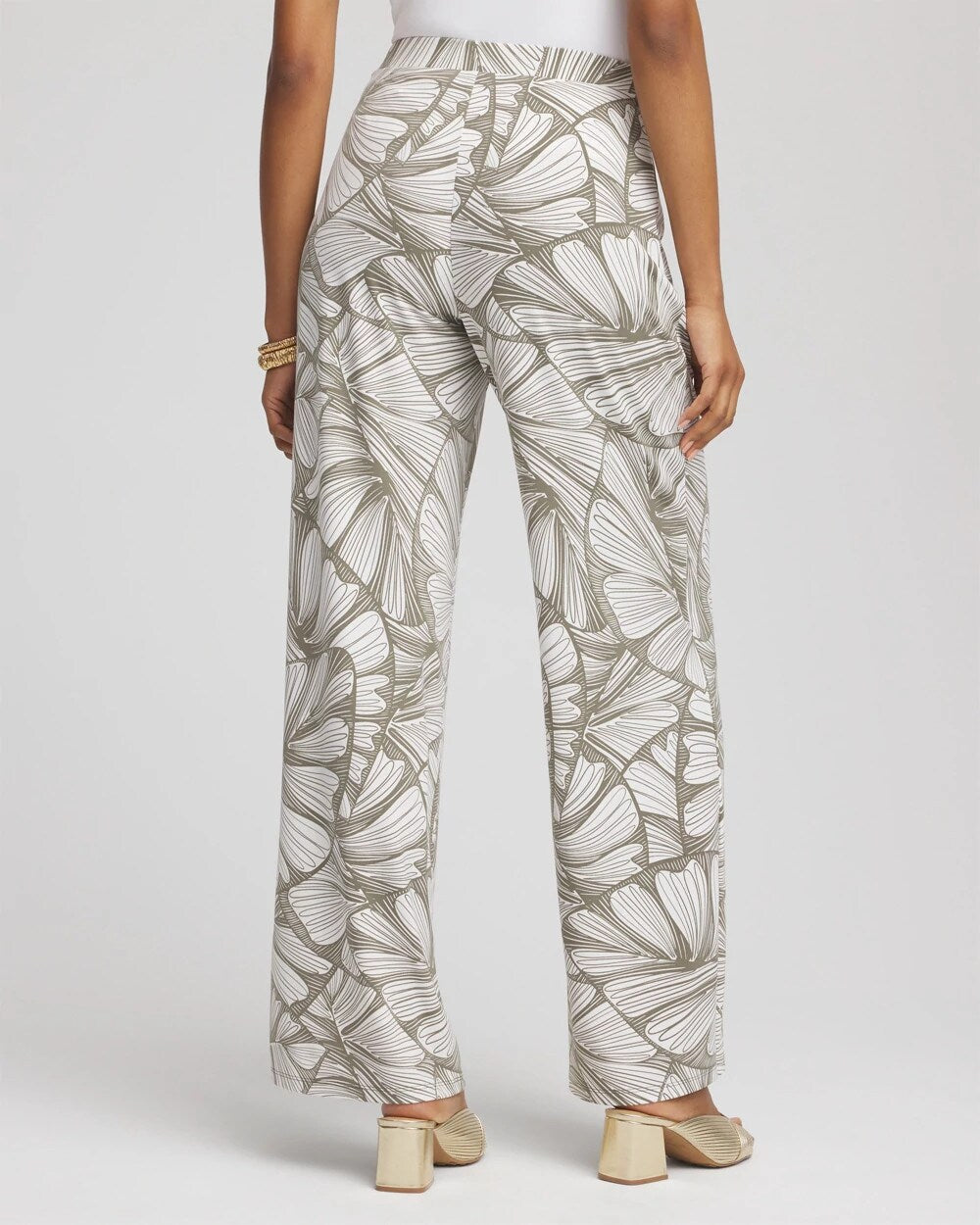 Chico's Women | Travelers™ Abstract Leaf Print Knit Wide-Leg Pants DUSTY OLIVE