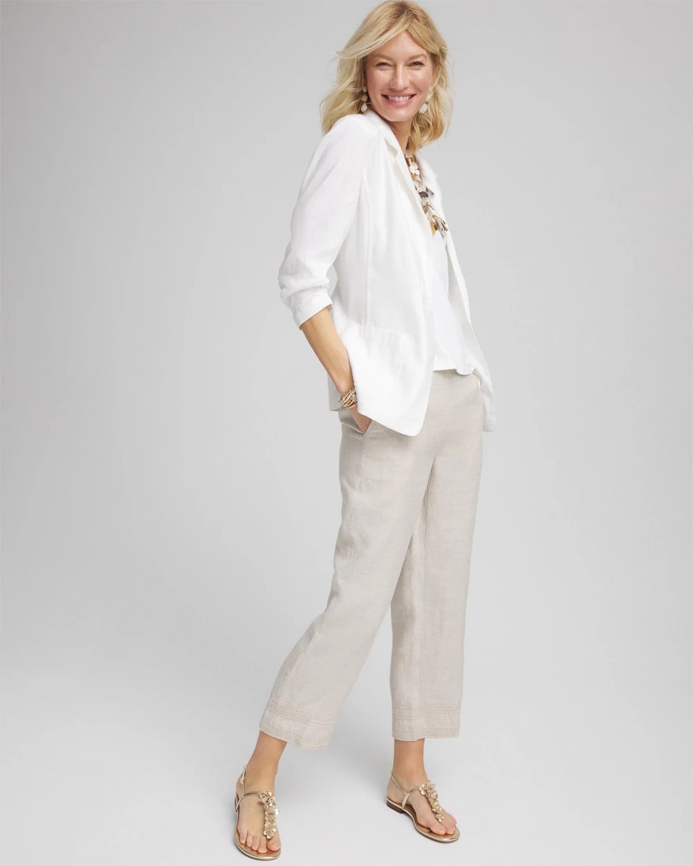 Chico's Women | Linen Pull On Waist Cropped Pants OATMEAL