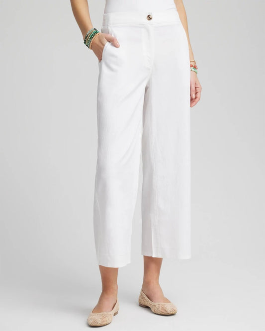 Chico's Women | Ribbed Waist Linen Blend Straight-Leg Cropped Pants ALABASTER