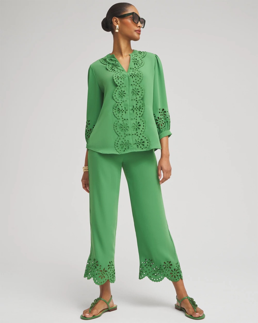 Chico's Women | Satin Eyelet Hem Culottes VERDANT GREEN