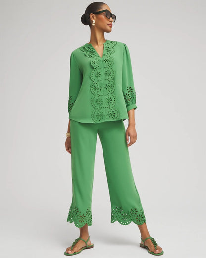 Chico's Women | Satin Eyelet Hem Culottes VERDANT GREEN