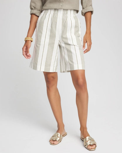 Chico's Women | Striped Cotton-Linen Pull-On Utility Shorts ECRU