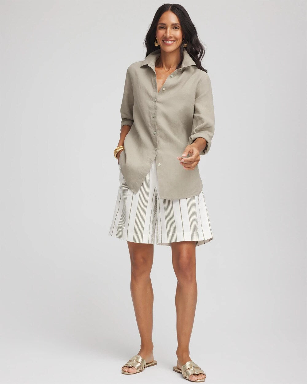 Chico's Women | Striped Cotton-Linen Pull-On Utility Shorts ECRU