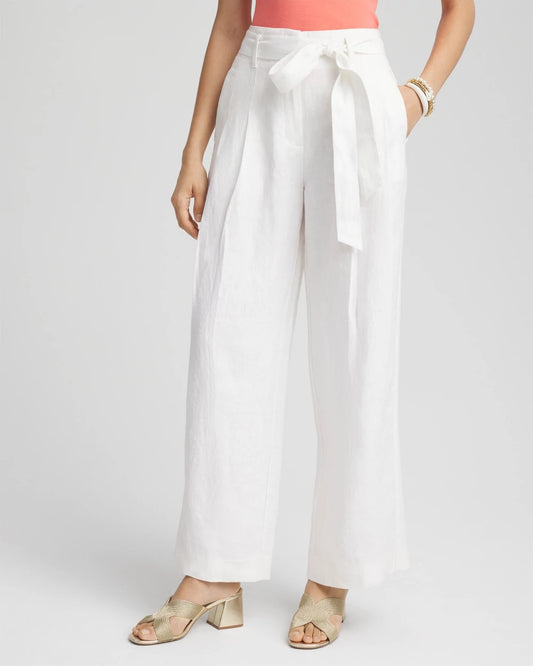 Chico's Women | Belted Pleated Wide-Leg Linen Pants ALABASTER