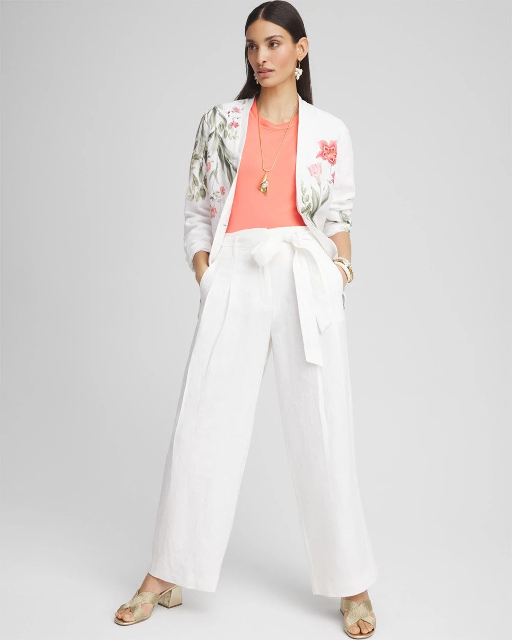 Chico's Women | Belted Pleated Wide-Leg Linen Pants ALABASTER