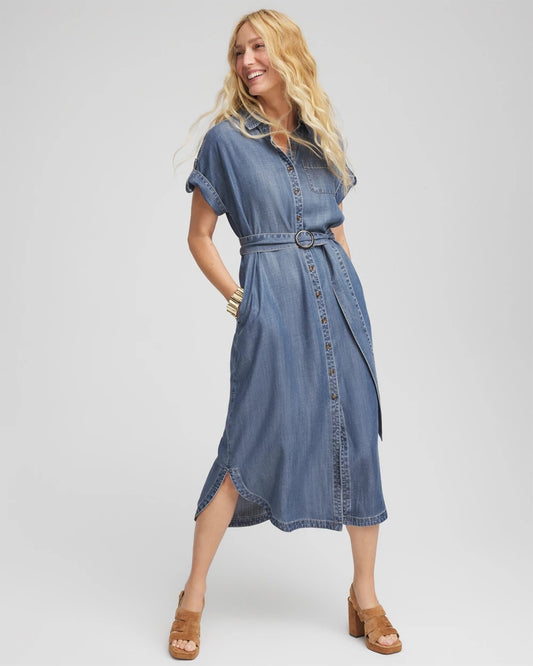 Chico's Women | Denim Tie  Midi Shirtdress WHIMSICAL INDIGO