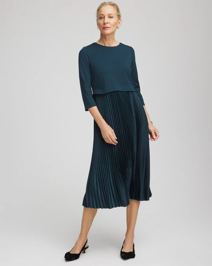 Chico's Women | Satin-Knit Pleated Midi Dress TEAL SHADOW