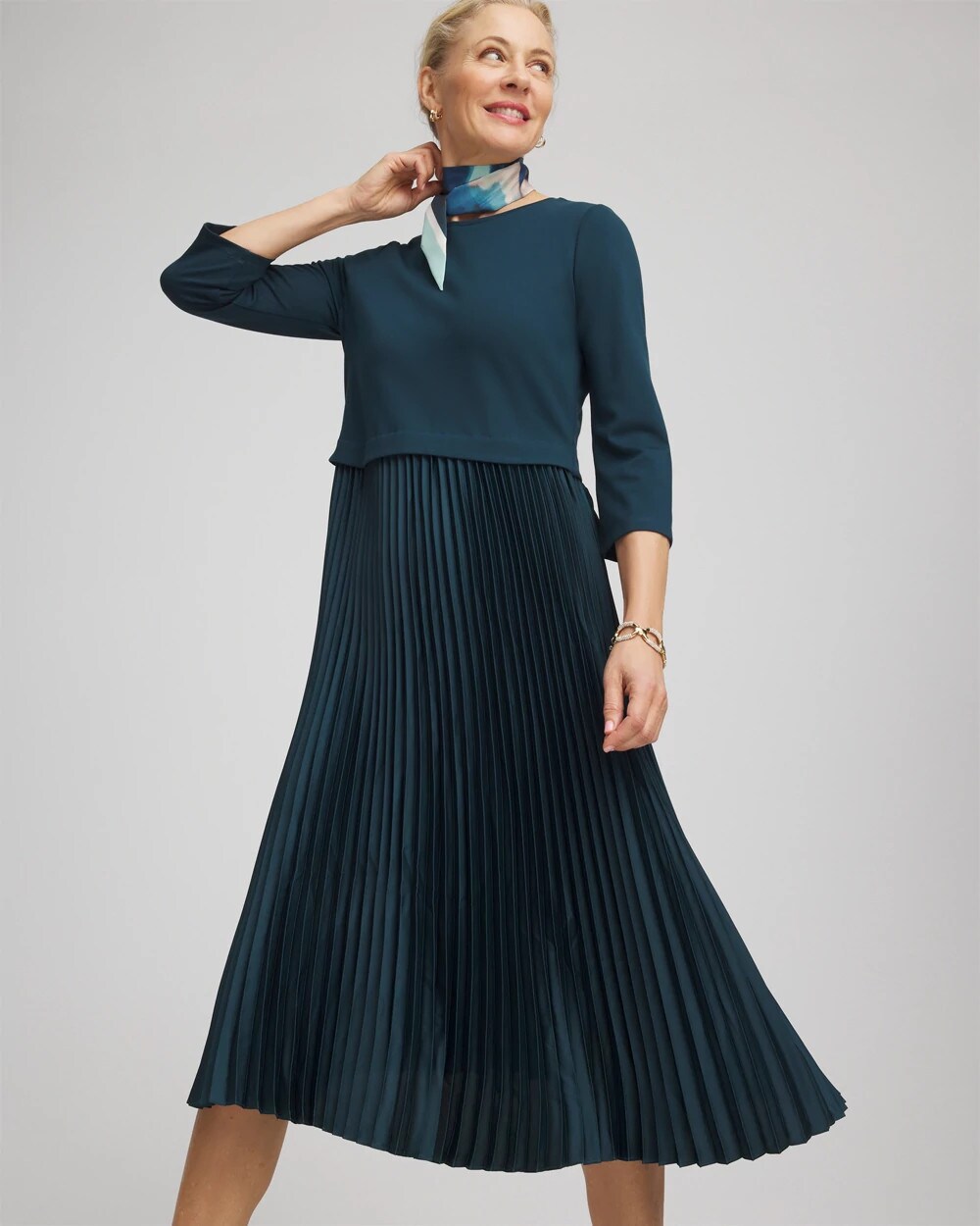 Chico's Women | Satin-Knit Pleated Midi Dress TEAL SHADOW