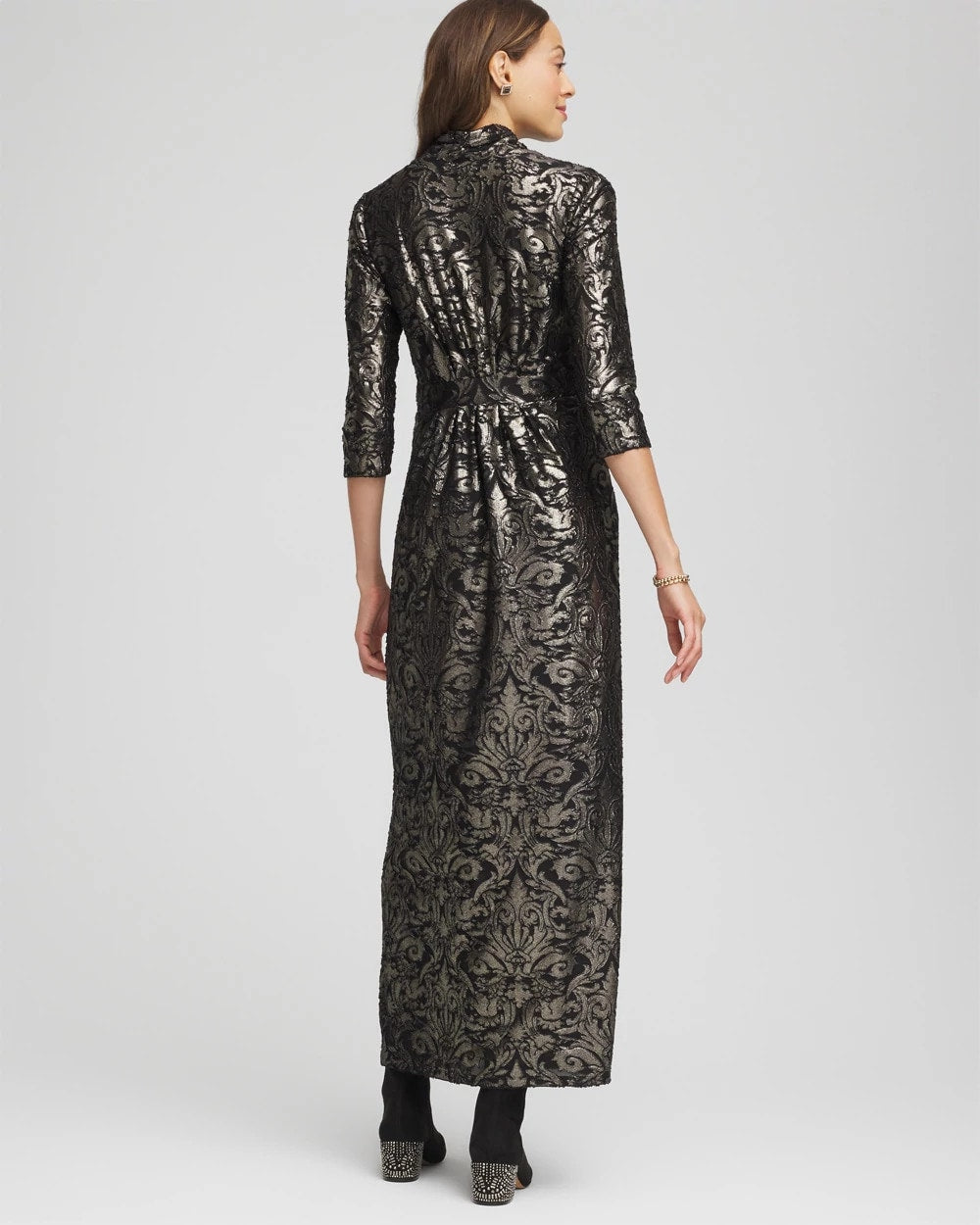 Chico's Women | Foiled Knit Pleated Maxi Dress BLACK