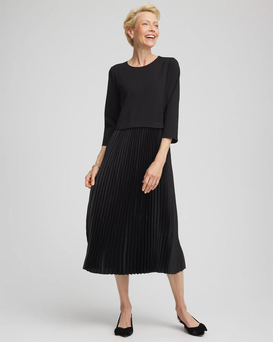 Chico's Women | Satin-Knit Pleated Maxi Dress BLACK