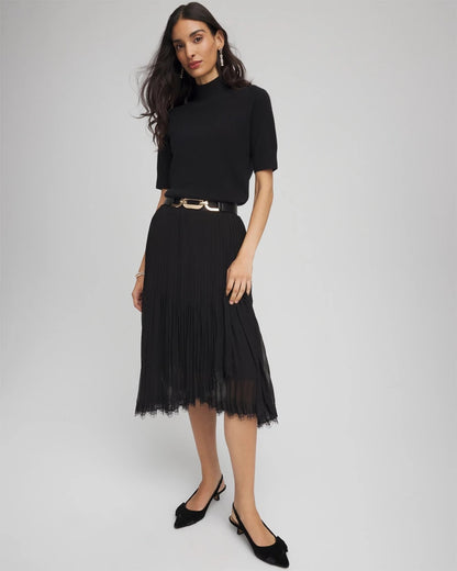 Chico's Women | Pleated Lace Hem Midi Skirt BLACK
