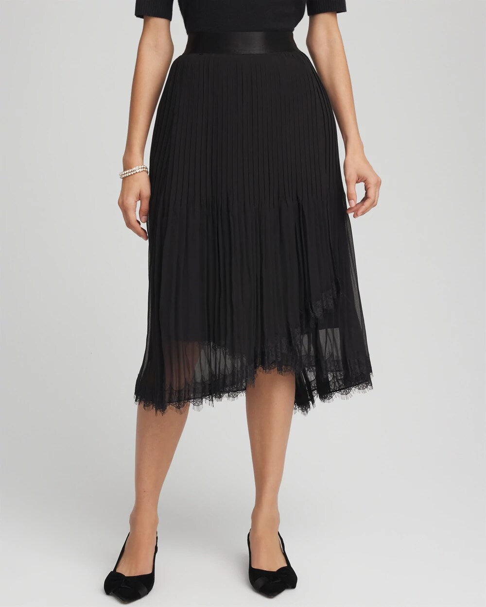 Chico's Women | Pleated Lace Hem Midi Skirt BLACK