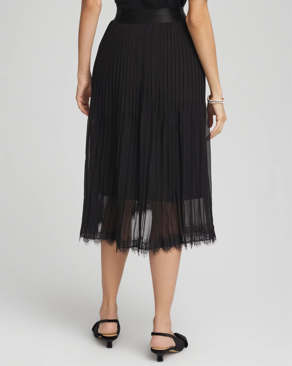 Chico's Women | Pleated Lace Hem Midi Skirt BLACK
