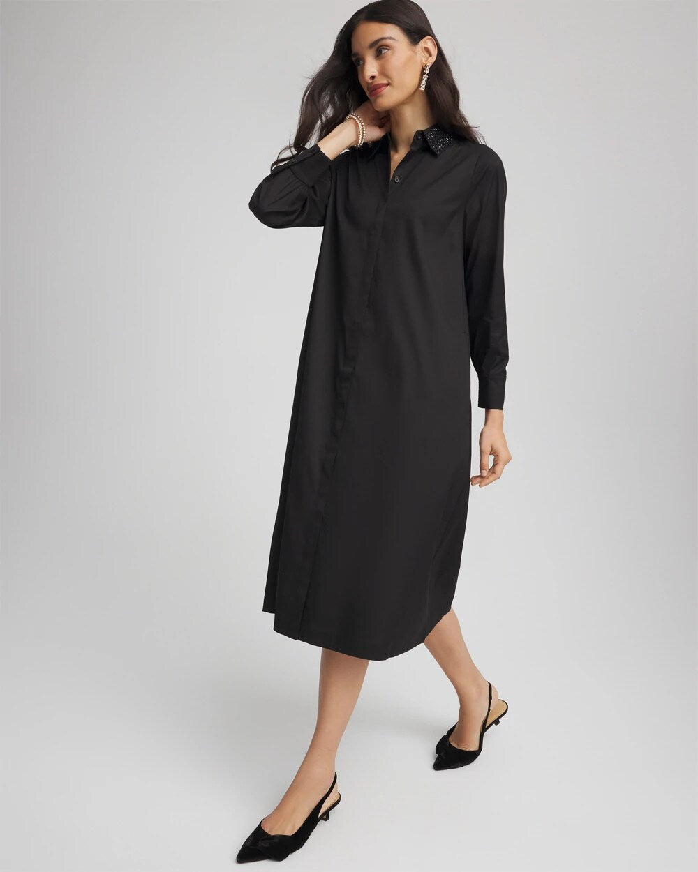 Chico's Women | Sequin Collar Midi Shirtdress BLACK