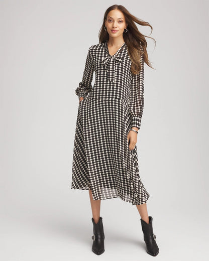 Chico's Women | Chiffon Clip-Dot Tie-Neck Dress BLACK