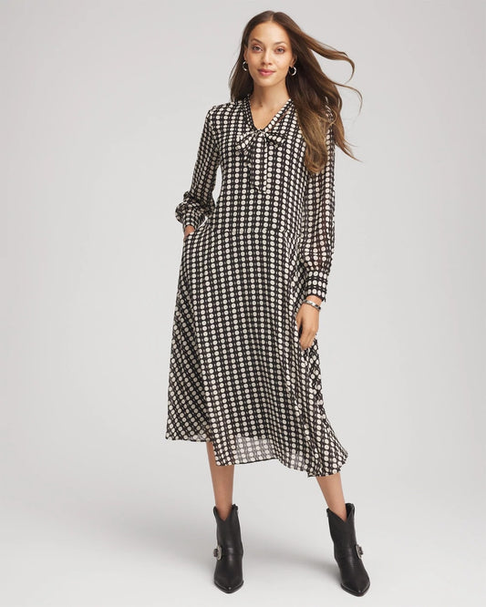 Chico's Women | Chiffon Clip-Dot Tie-Neck Dress BLACK