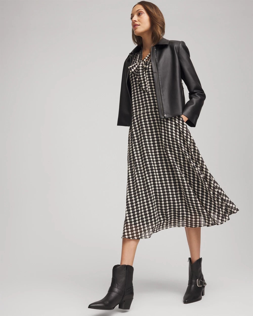 Chico's Women | Chiffon Clip-Dot Tie-Neck Dress BLACK