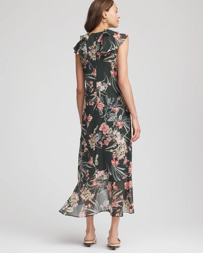 Chico's Women | Floral Ruffle-Trim Chiffon Dress DARKEST SPRUCE