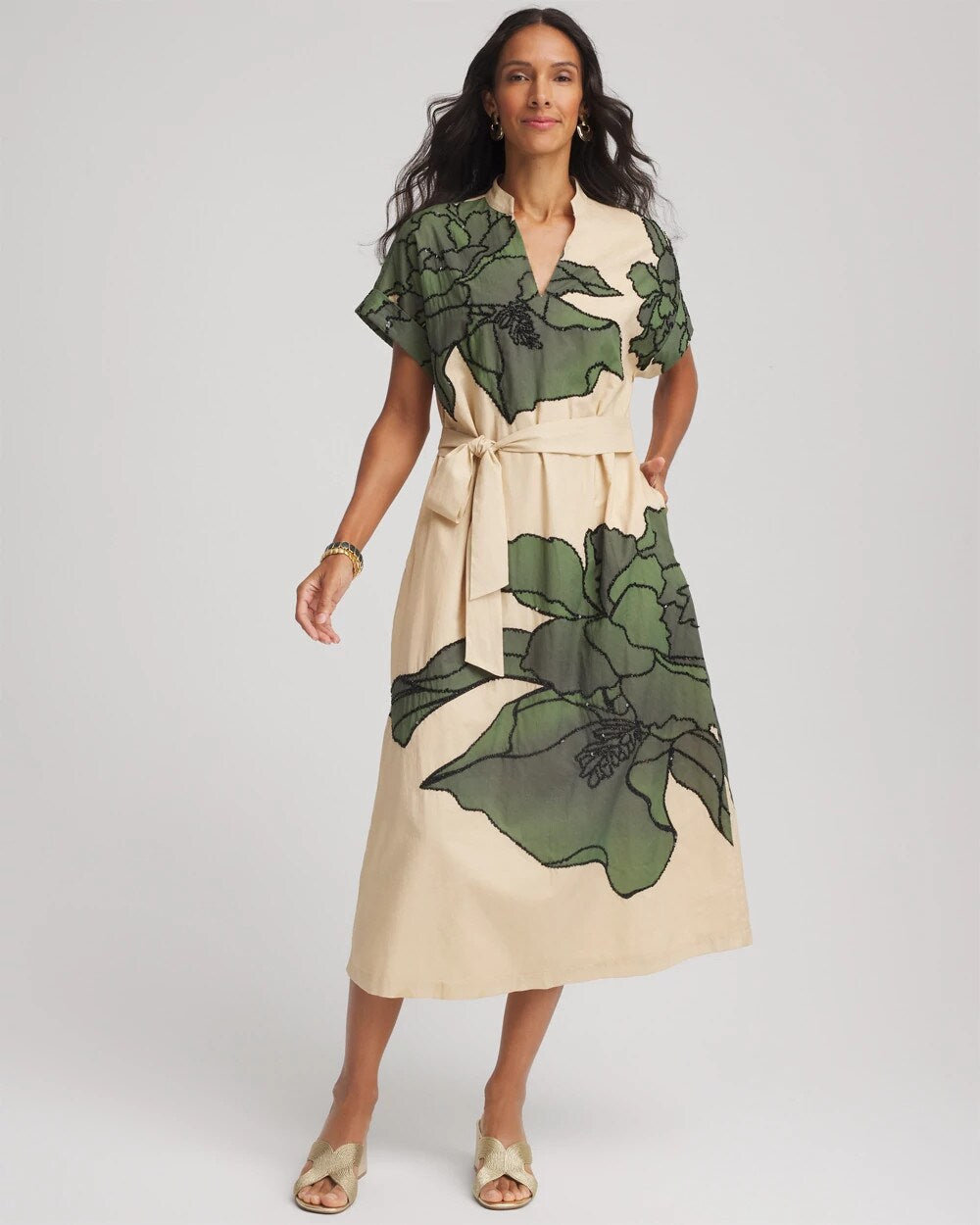 Chico's Women | Printed Cotton-Voile Popover Midi Dress SANDSTONE