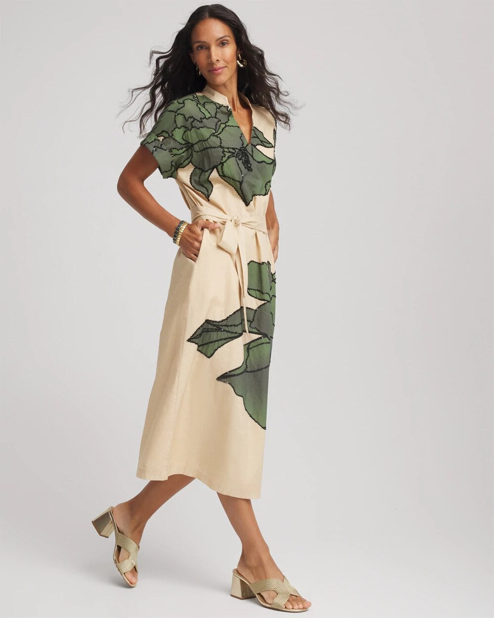 Chico's Women | Printed Cotton-Voile Popover Midi Dress SANDSTONE