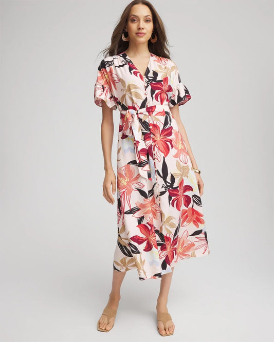 Chico's Women | Tonal Floral Ruffle-Sleeved Midi Dress MULTI