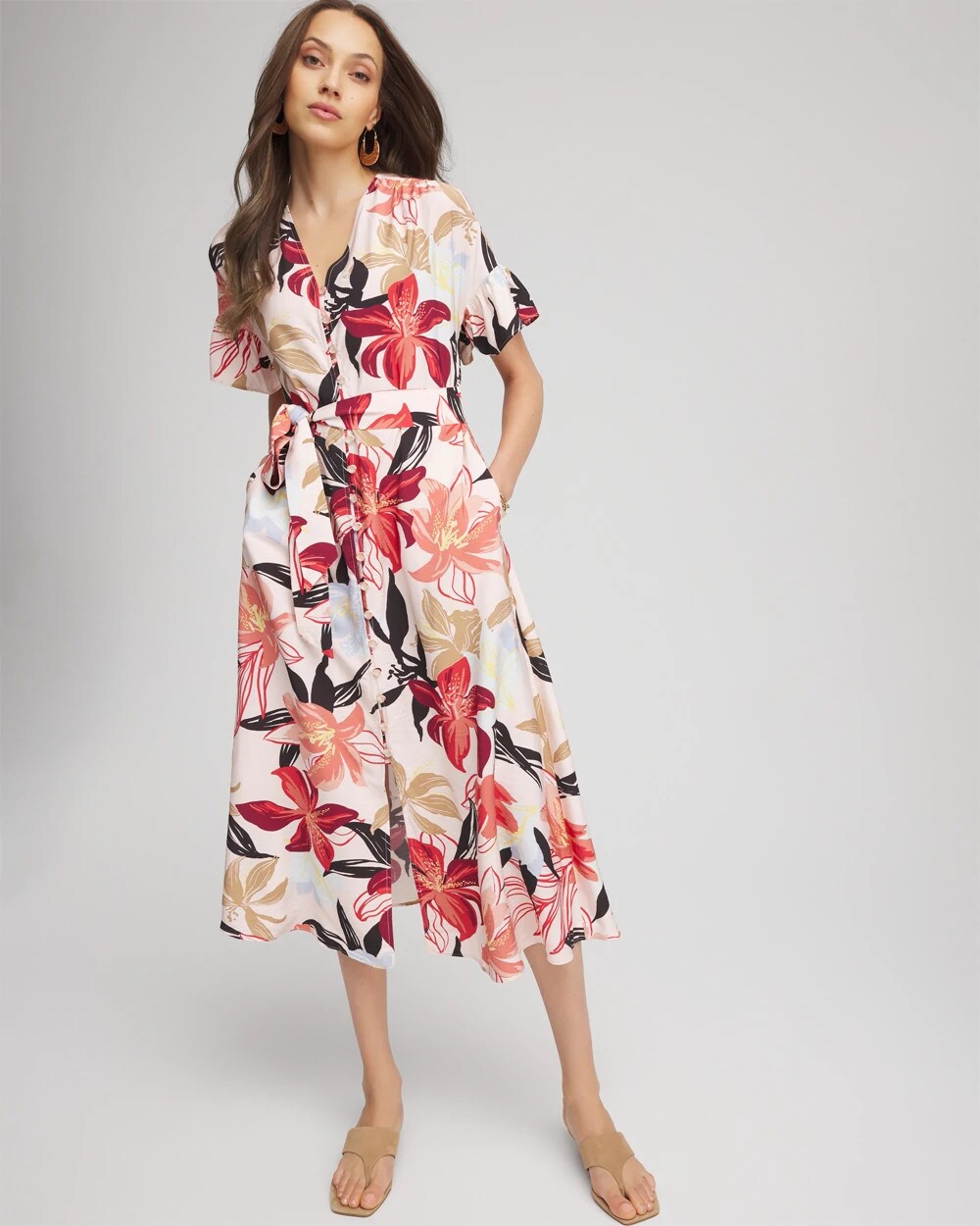 Chico's Women | Tonal Floral Ruffle-Sleeved Midi Dress MULTI
