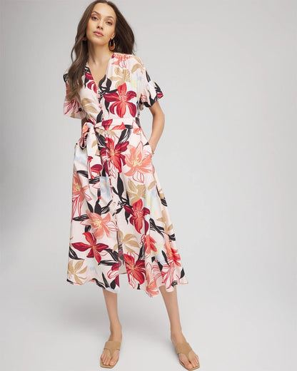 Chico's Women | Tonal Floral Ruffle-Sleeved Midi Dress MULTI