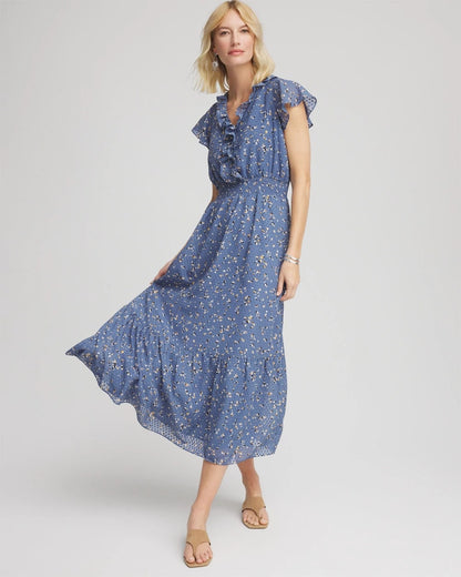Chico's Women | Textured Ruffled-Placket Maxi Dress BLUE LOTUS