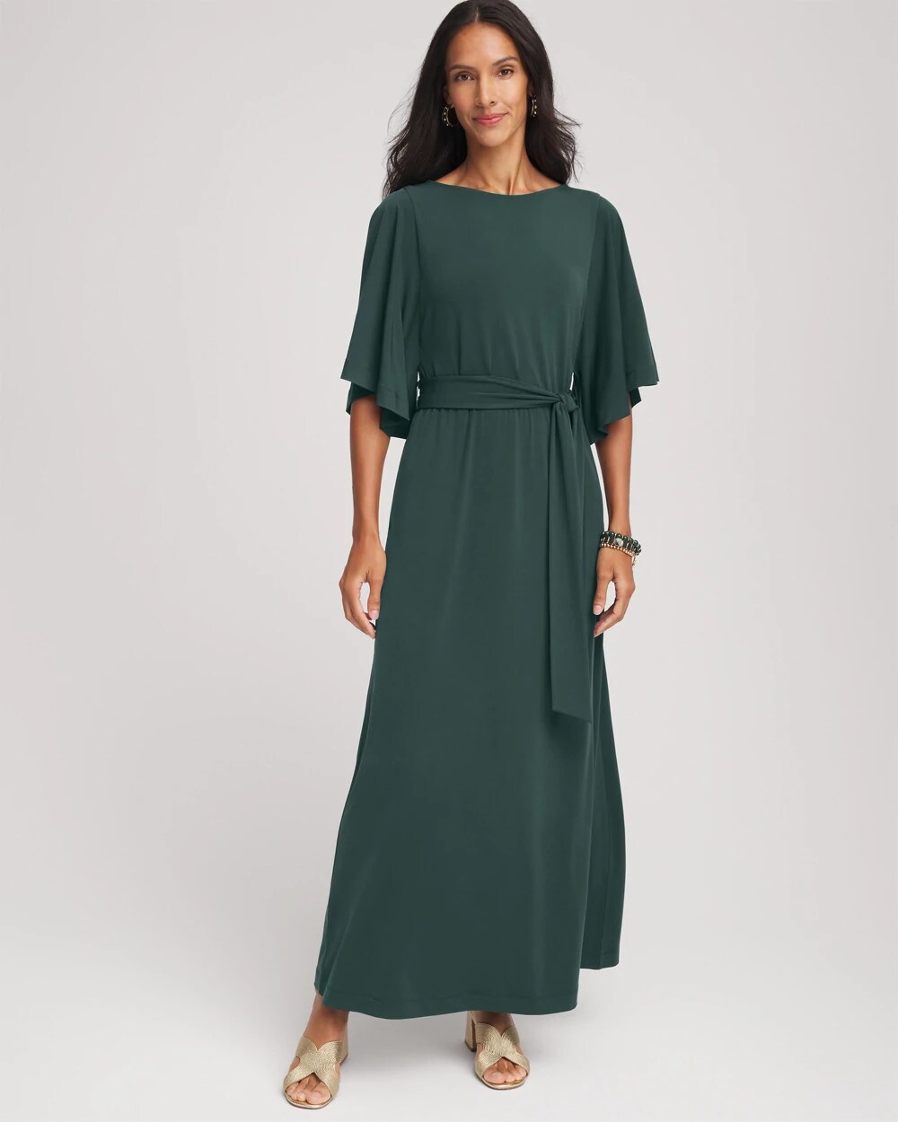 Chico's Women | Belted Flutter-Sleeve Maxi Dress DARKEST SPRUCE