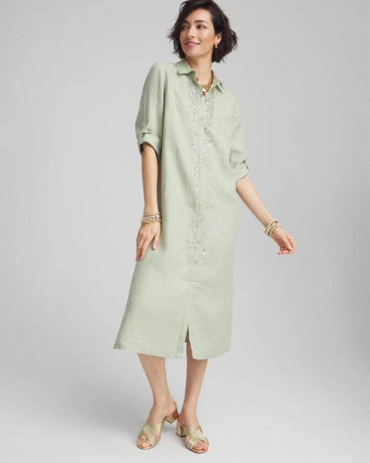 Chico's Women | Linen Embellished Midi Shirt Dress MOROCCAN MINT