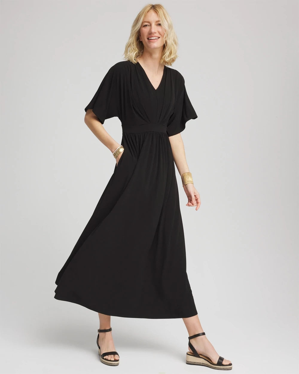 Chico's Women | Flutter-Sleeved Jersey Maxi Dress BLACK