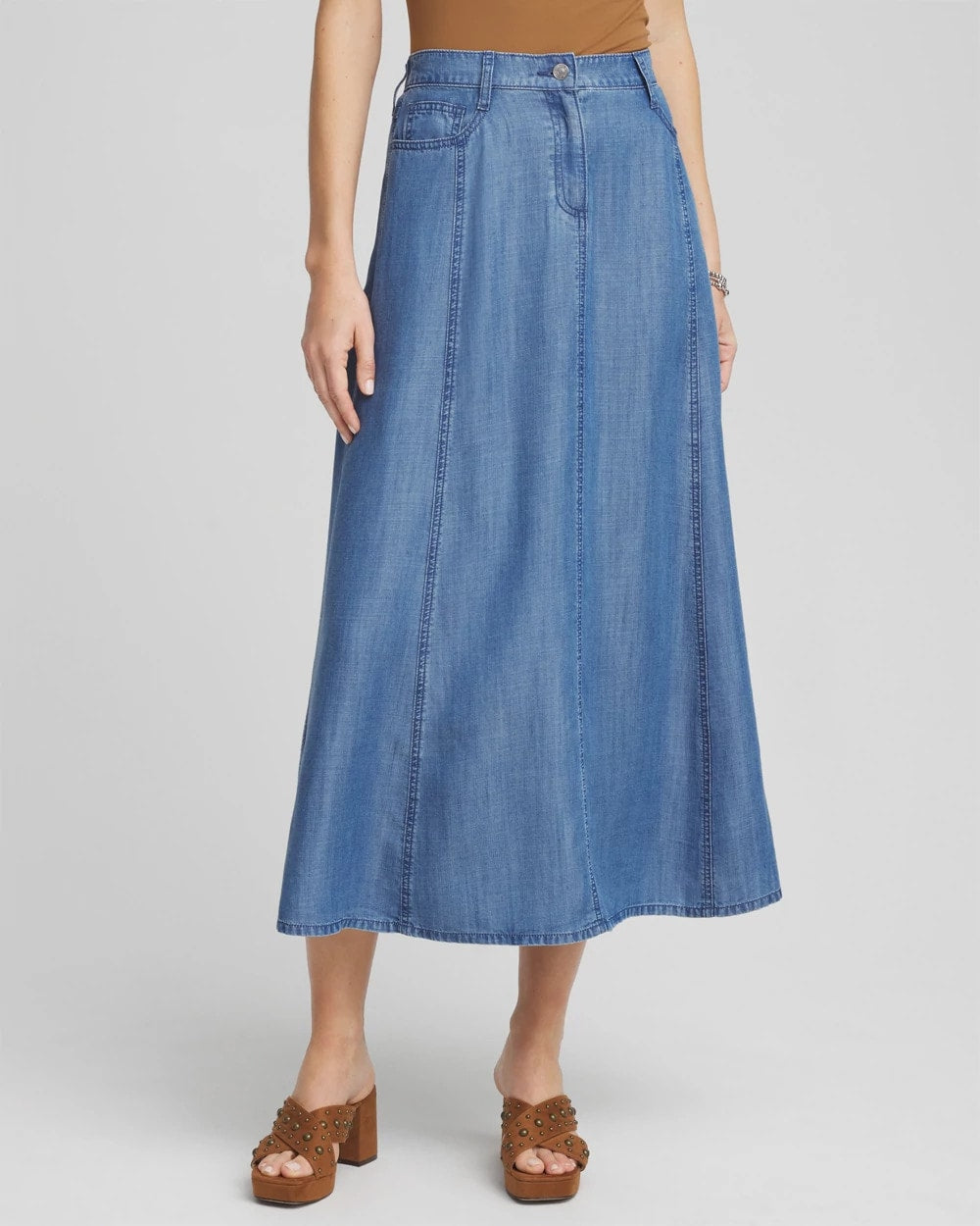 Chico's Women | Lightweight Denim Fly Front Midi Skirt BAILEY INDIGO