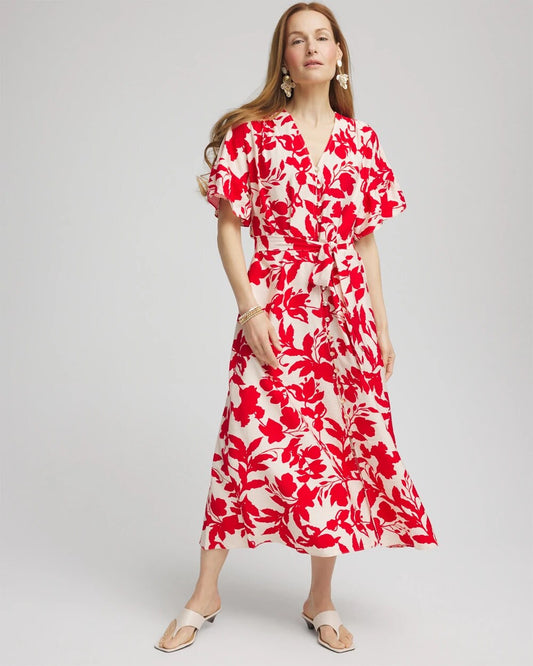 Chico's Women | Floral Ruffle-Sleeved Midi Dress ECRU