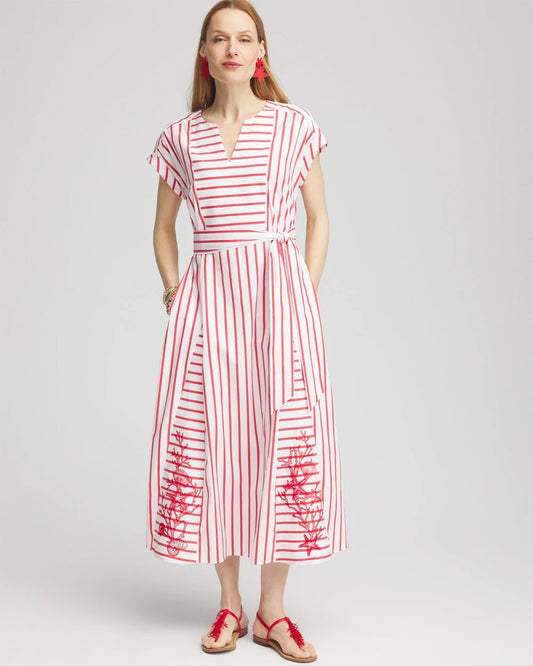 Chico's Women | Embroidered Godet Striped Maxi Dress ALABASTER