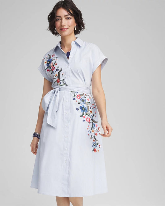 Chico's Women | Striped Embroidered Poplin Midi Shirtdress ALABASTER