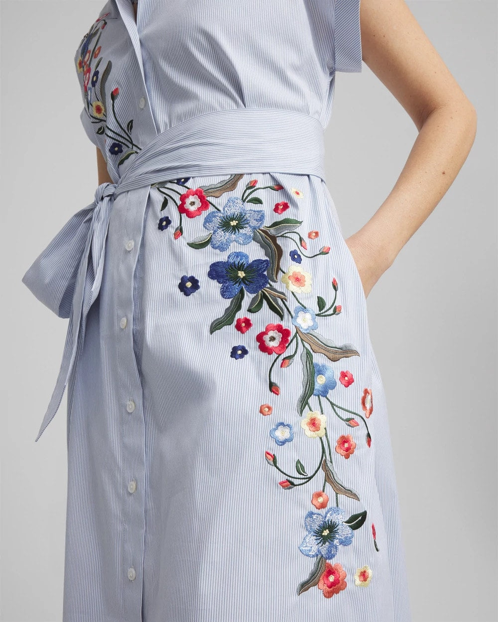 Chico's Women | Striped Embroidered Poplin Midi Shirtdress ALABASTER