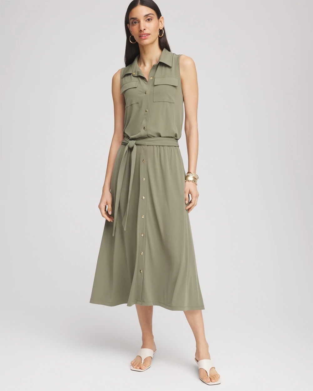 Chico's Women | Travelers™ Knit Sleeveless Shirtdress DUSTY OLIVE