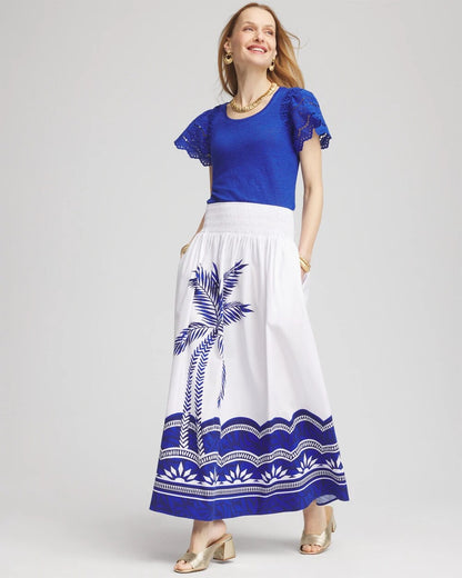 Chico's Women | Tropical Smocked Waist Pull-On Skirt ALABASTER