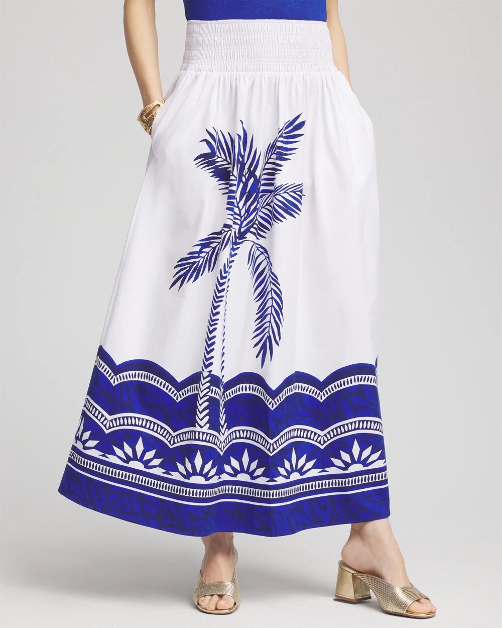 Chico's Women | Tropical Smocked Waist Pull-On Skirt ALABASTER