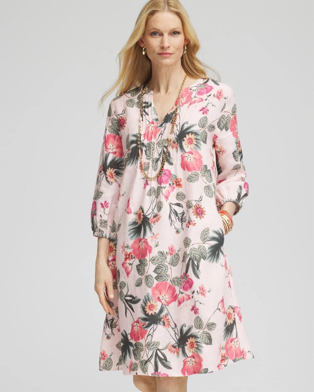 Chico's Women | Floral Linen Pintuck 3/4 Sleeved Dress MULTI