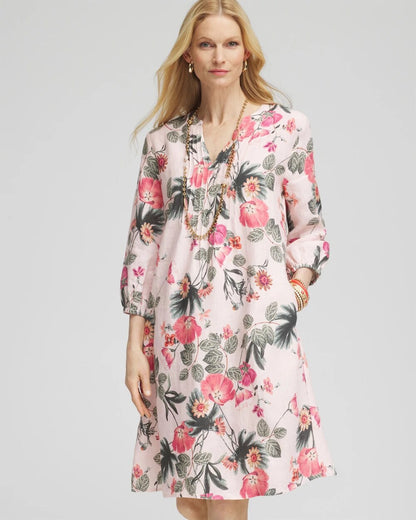 Chico's Women | Floral Linen Pintuck 3/4 Sleeved Dress MULTI