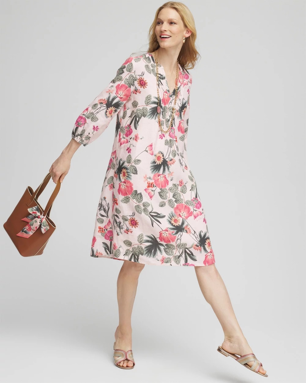 Chico's Women | Floral Linen Pintuck 3/4 Sleeved Dress MULTI