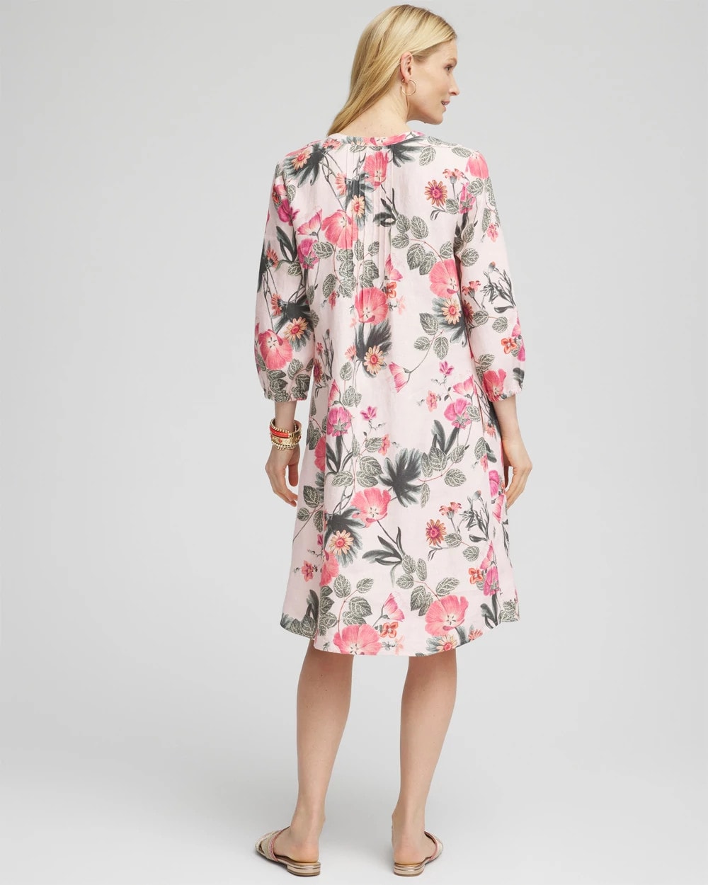Chico's Women | Floral Linen Pintuck 3/4 Sleeved Dress MULTI