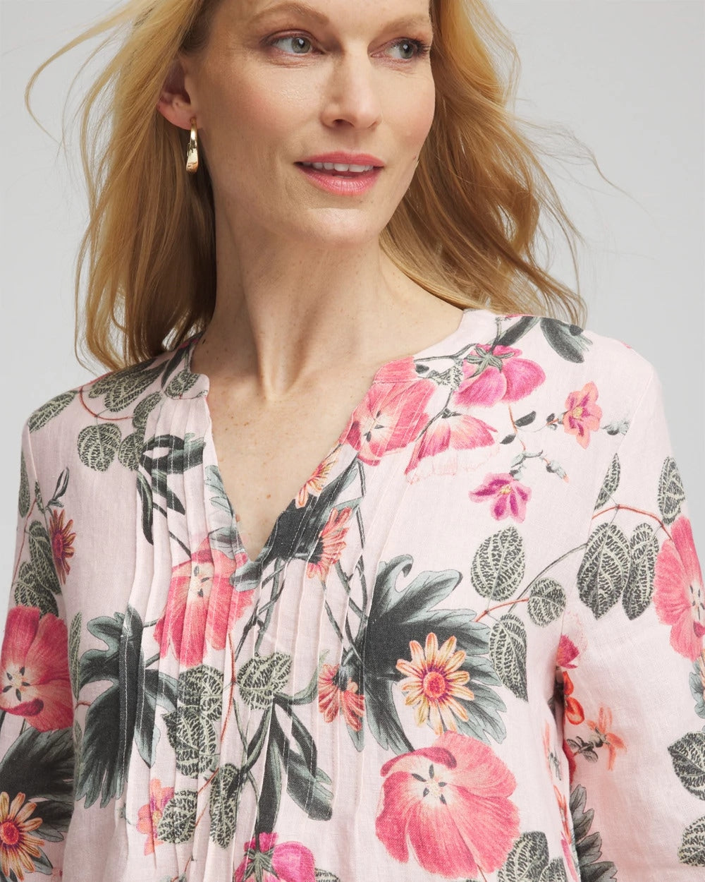 Chico's Women | Floral Linen Pintuck 3/4 Sleeved Dress MULTI