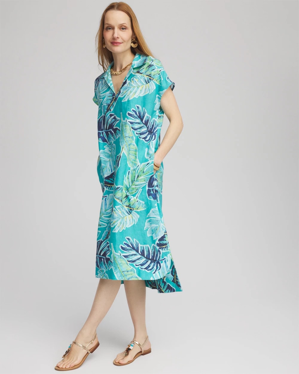 Chico's Women | Tropical Linen Midi Dress SEASPRAY