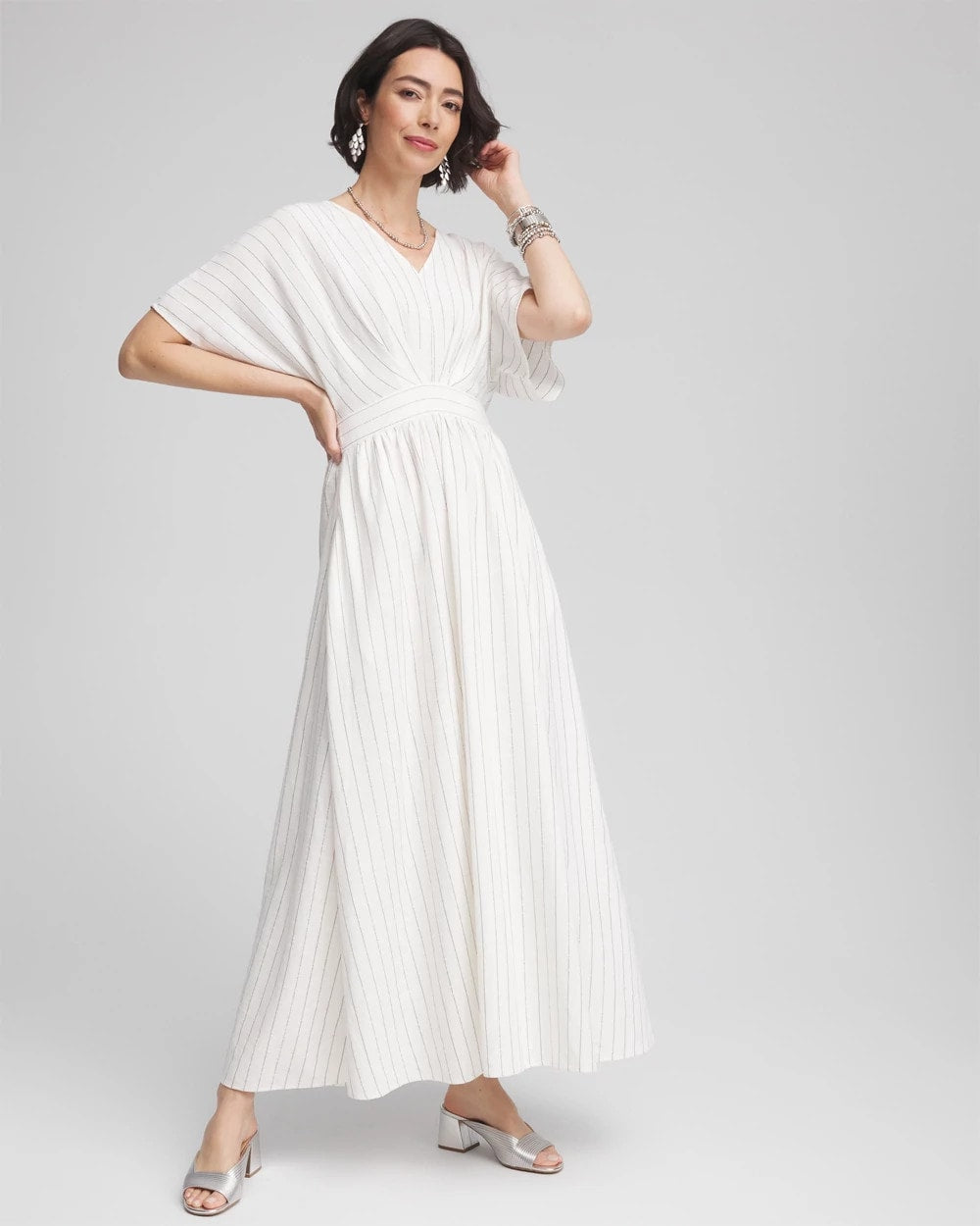 Chico's Women | Metallic Striped Maxi Dress ECRU