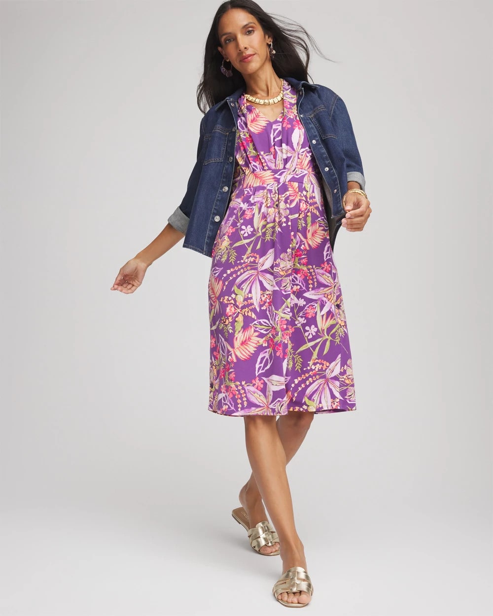 Chico's Women | Floral Pleated Jersey Dress ALABASTER