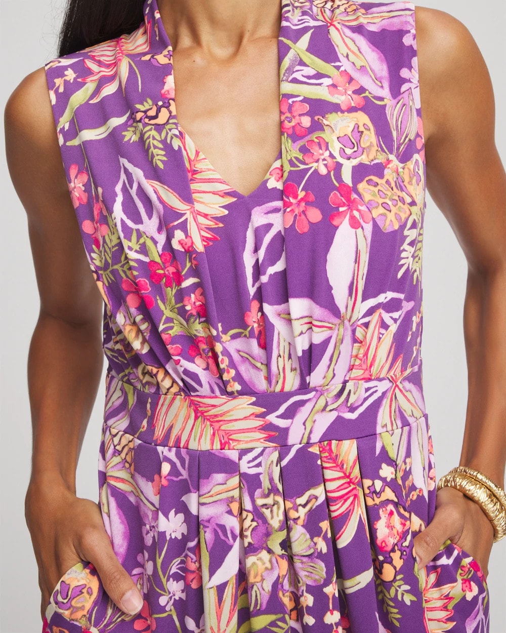 Chico's Women | Floral Pleated Jersey Dress ALABASTER