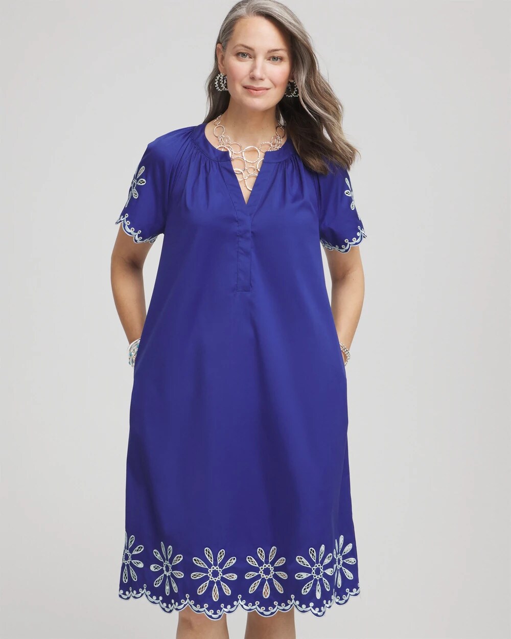 Chico's Women | Embroidered Poplin Popover Dress BLUE CASA